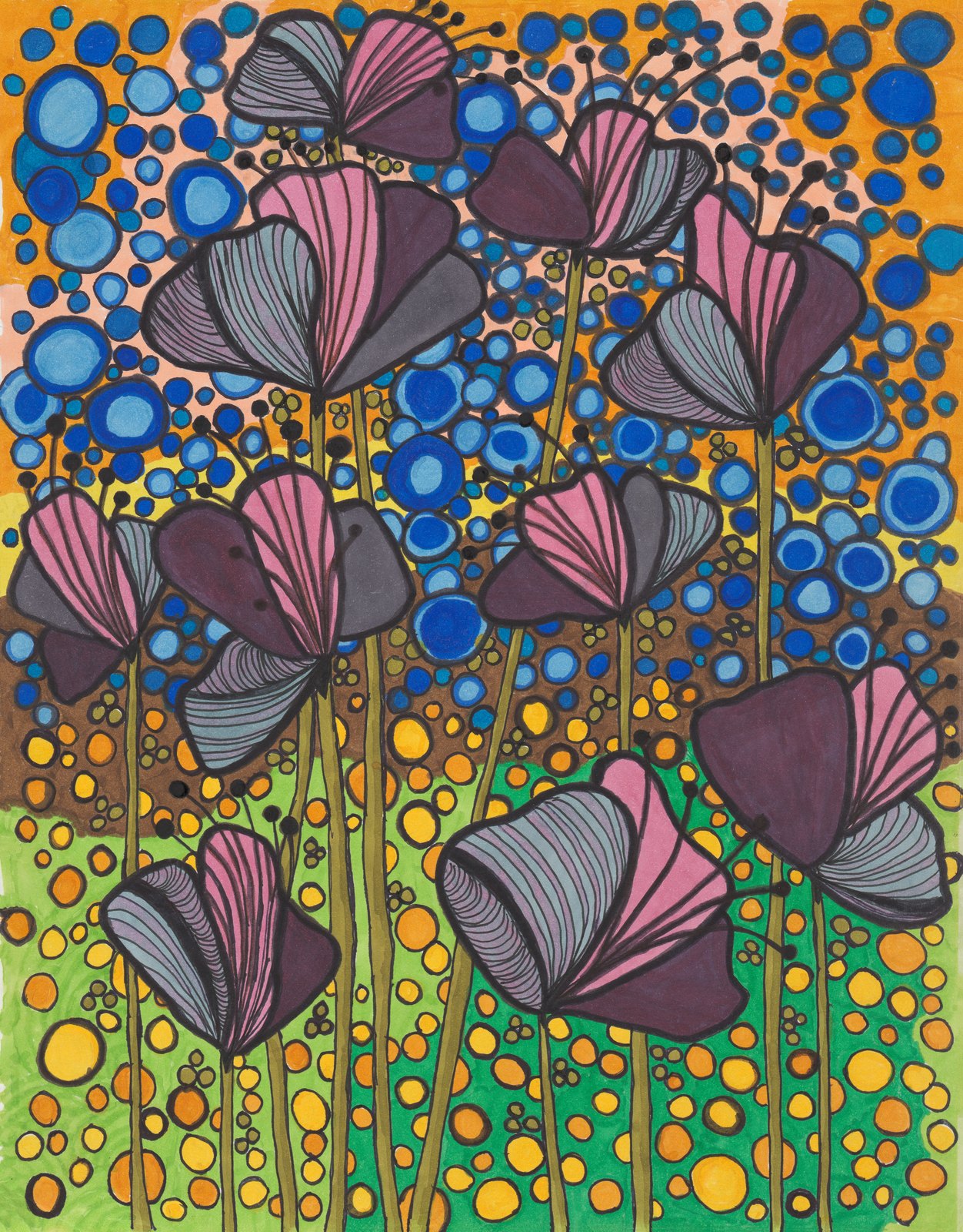 Patterned purple flowers rising through a field of blue and warm-colored circles