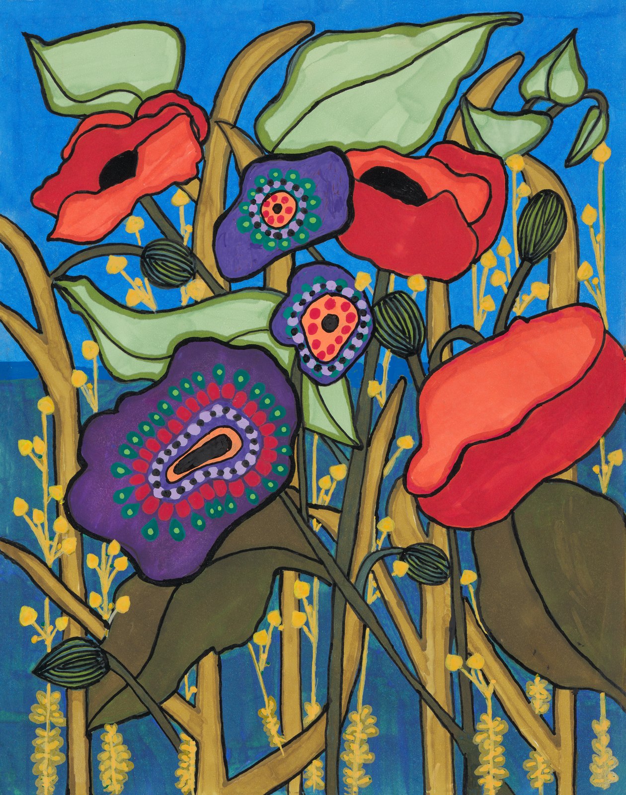 Floral composition with layered shapes, patterned petals, and a muted blue background