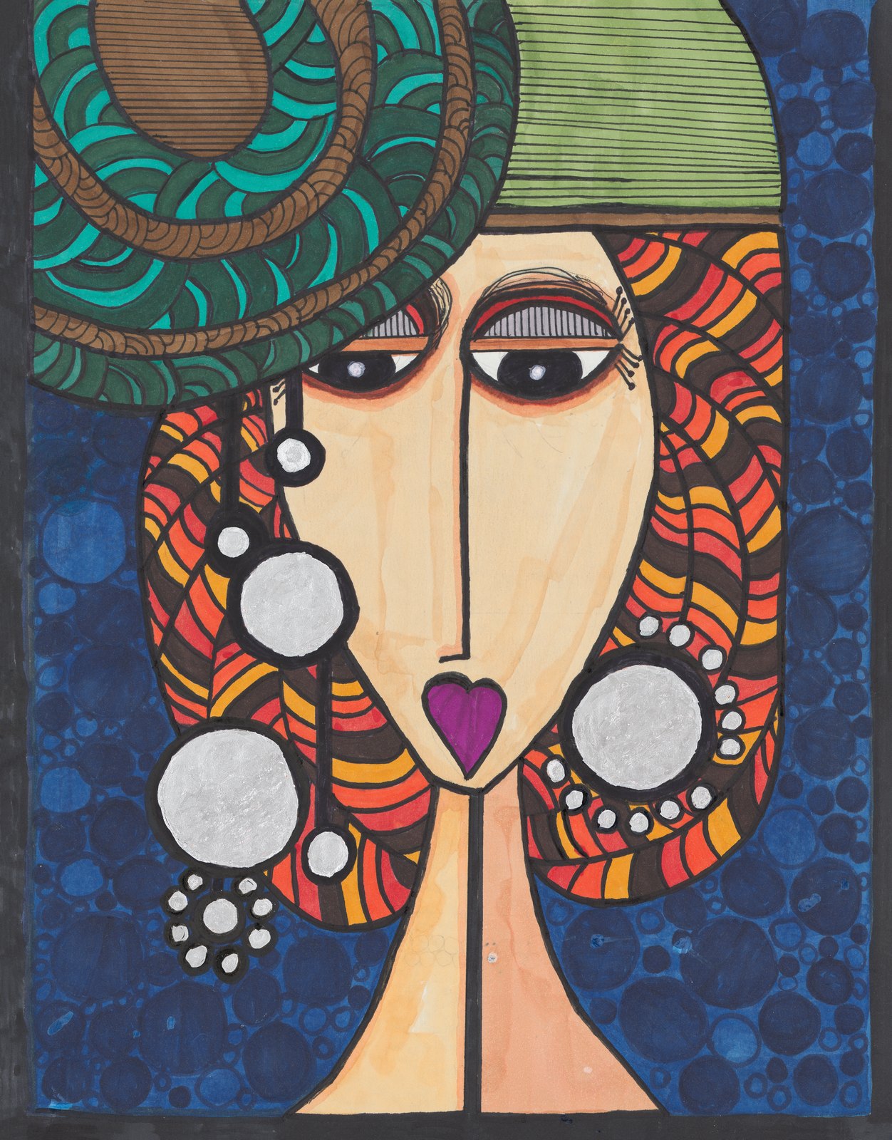 Frontal portrait with patterned hair, jewelry, and a dark blue background