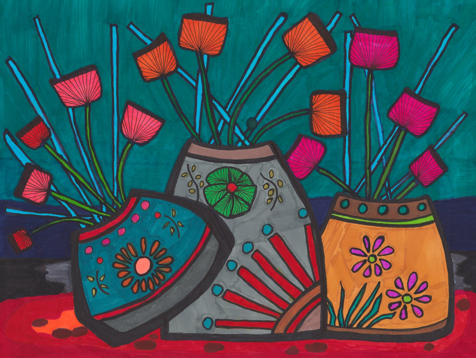 Three decorated vessels holding small red flowers