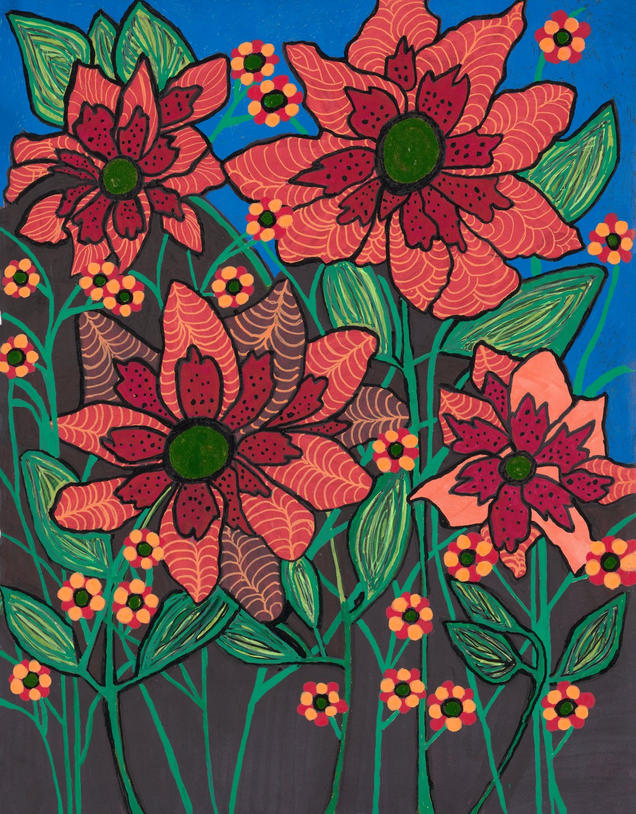 Coral flowers with patterned petals and green leaves against charcoal