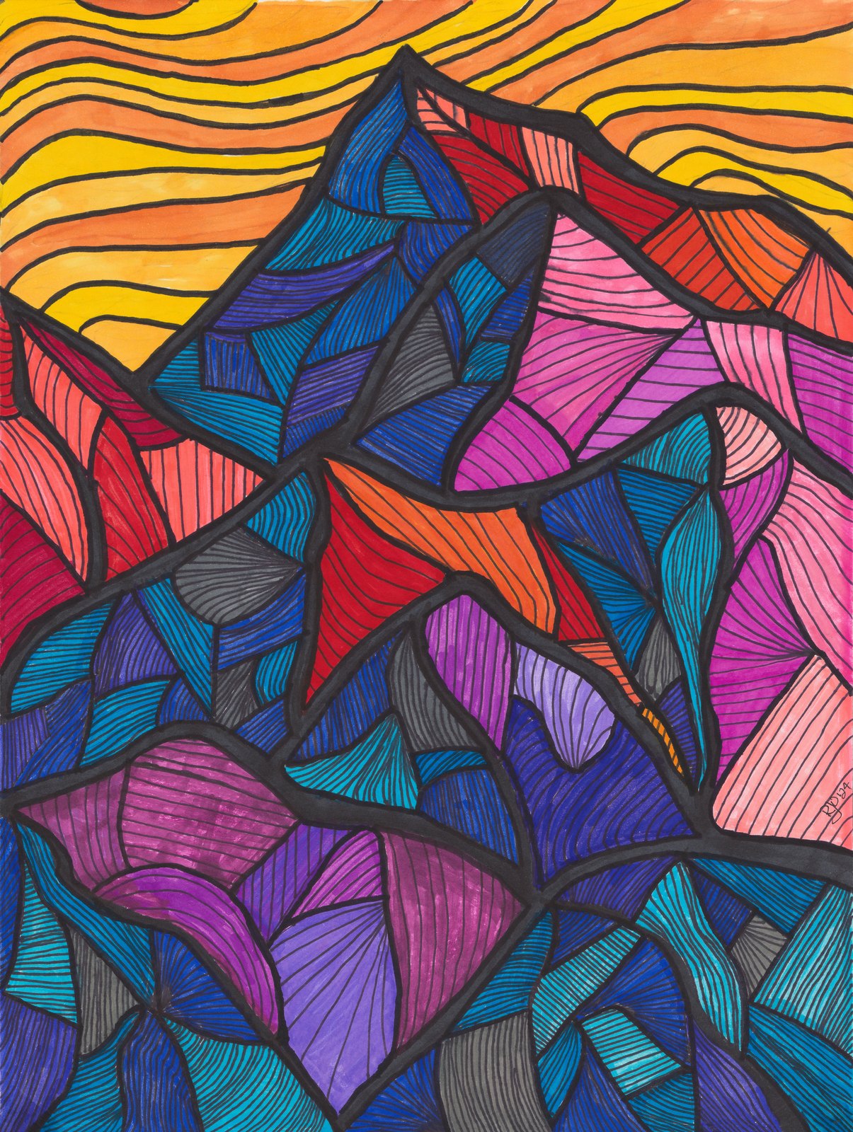 Overlapping angular leaves and petals in blue, purple, and coral