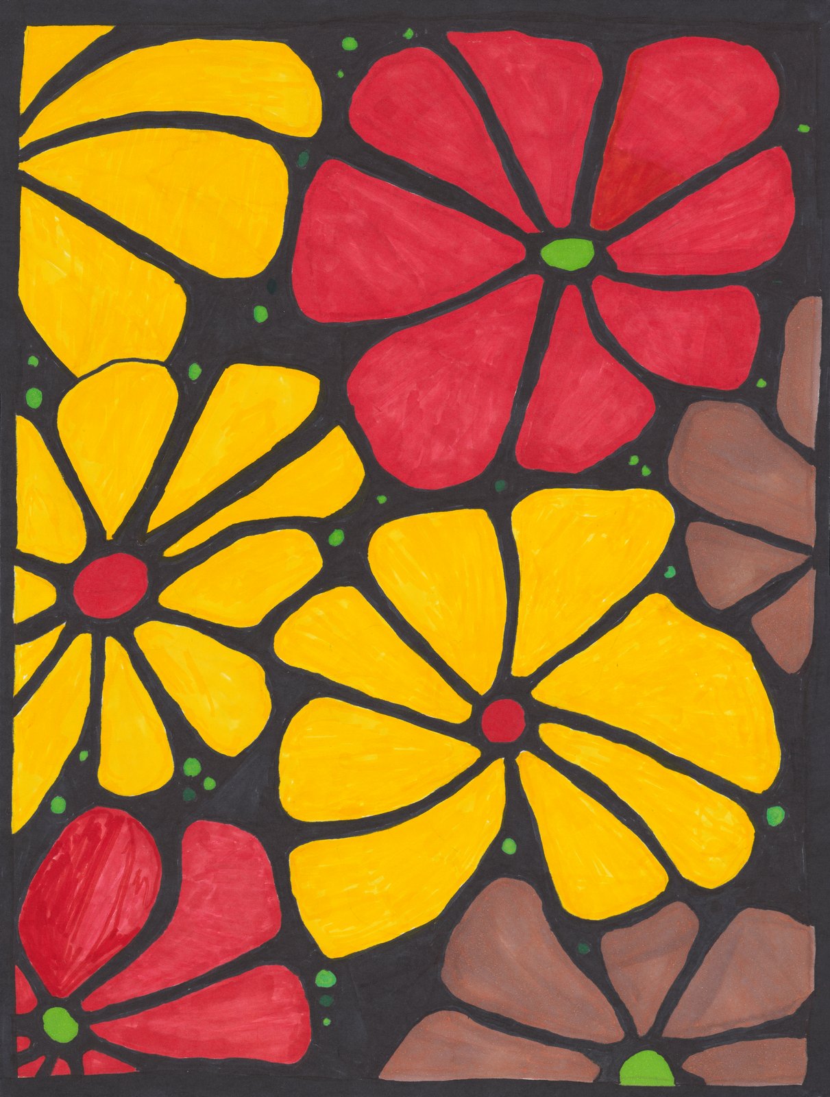Large yellow and coral flowers outlined in dark lines