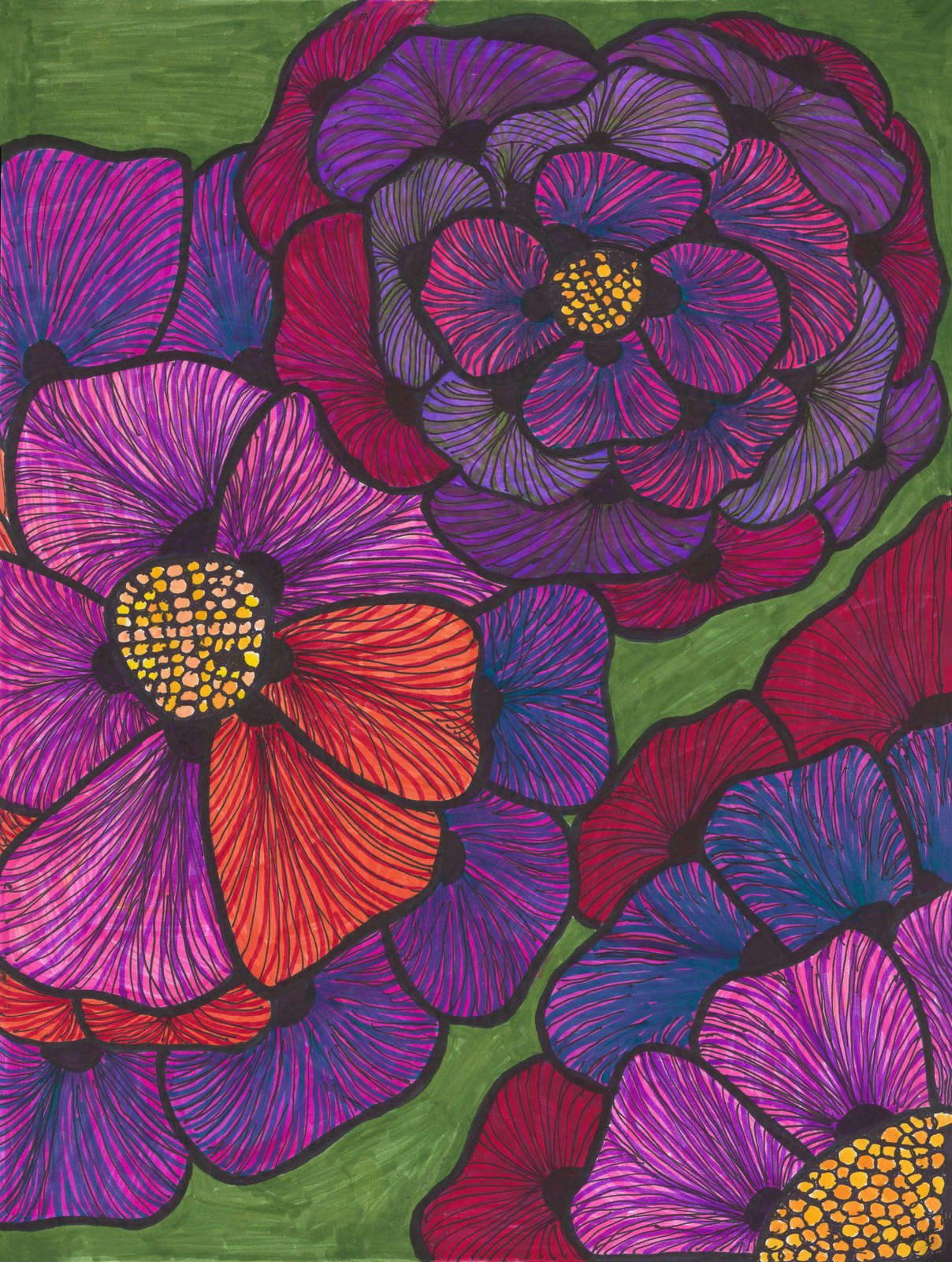 Purple and coral blossoms filled with fine lines