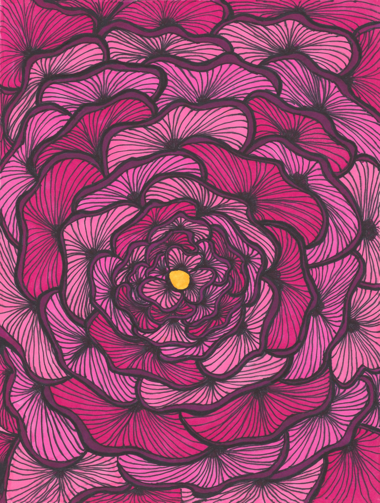 Dense spiral of pink patterned petals around a central flower